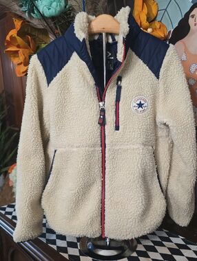 Converse Cream Sherpa Jacket with Navy Accents and Red Trim Boys 8 10
